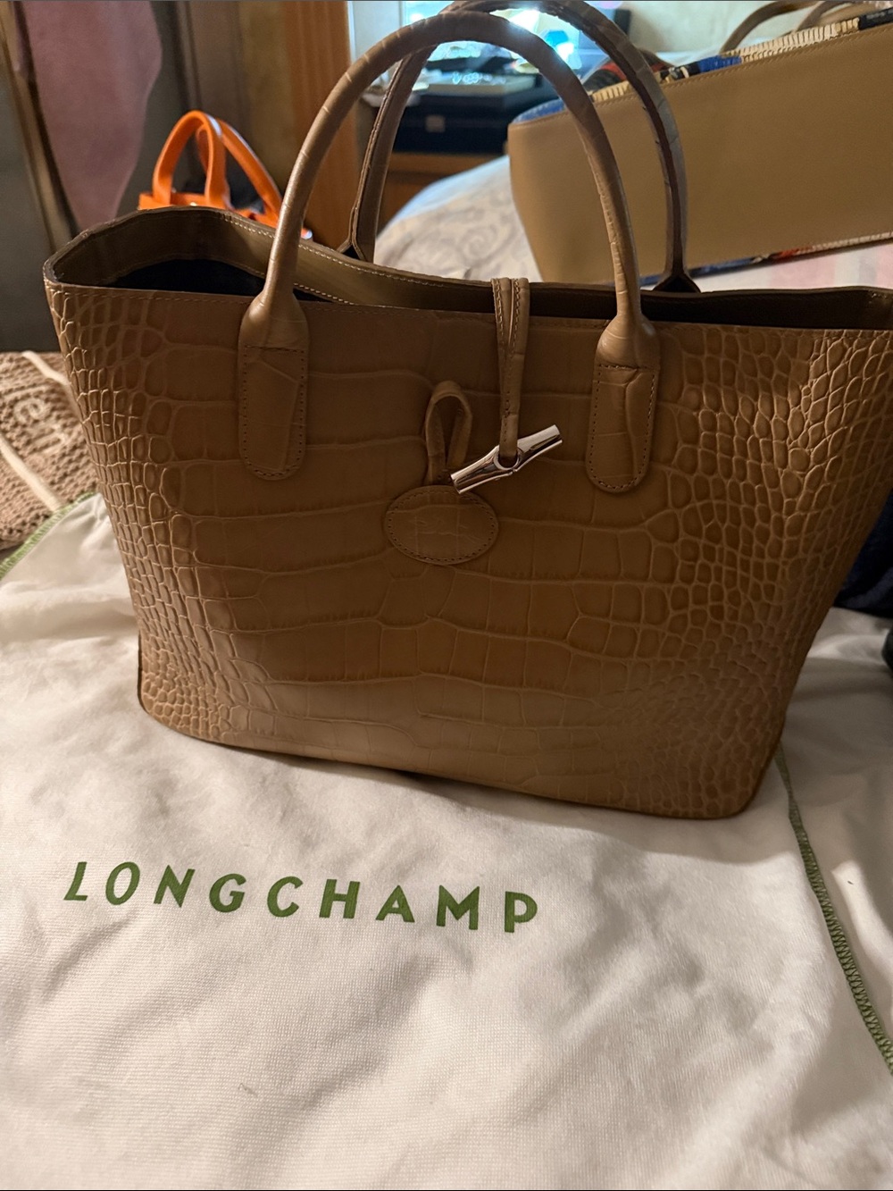 Longchamp Croc-Embossed Tan Leather Top-Handle Tote